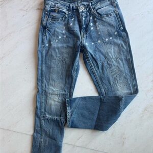 Scotch & Soda Blue Distressed Cropped Jeans with White Paint Detail